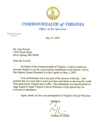 Thanks from Governor Kaine for entertaining Queen Elizagbeth II